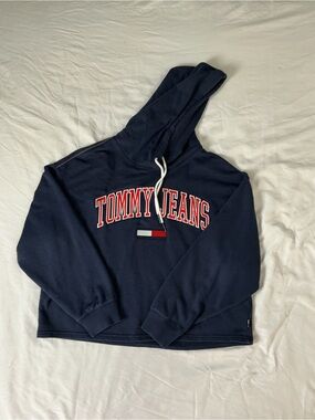 Tommy Jeans Navy Blue Cropped Spellout Hoodie Size M